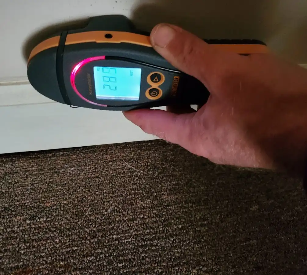 Moisture detection at baseboard during Storm Damage Restoration in Lake Holiday